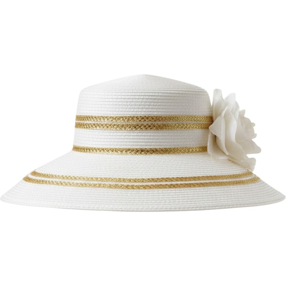 Vintage White Wide Brim Church Hat Gold Trim Floral Accent Formal Dress Hat